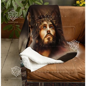 May include: A close-up of a painting of Jesus Christ with a crown of thorns on his head. The painting is in a dark, dramatic style with a focus on the face and eyes of Jesus. The painting is on a brown background.