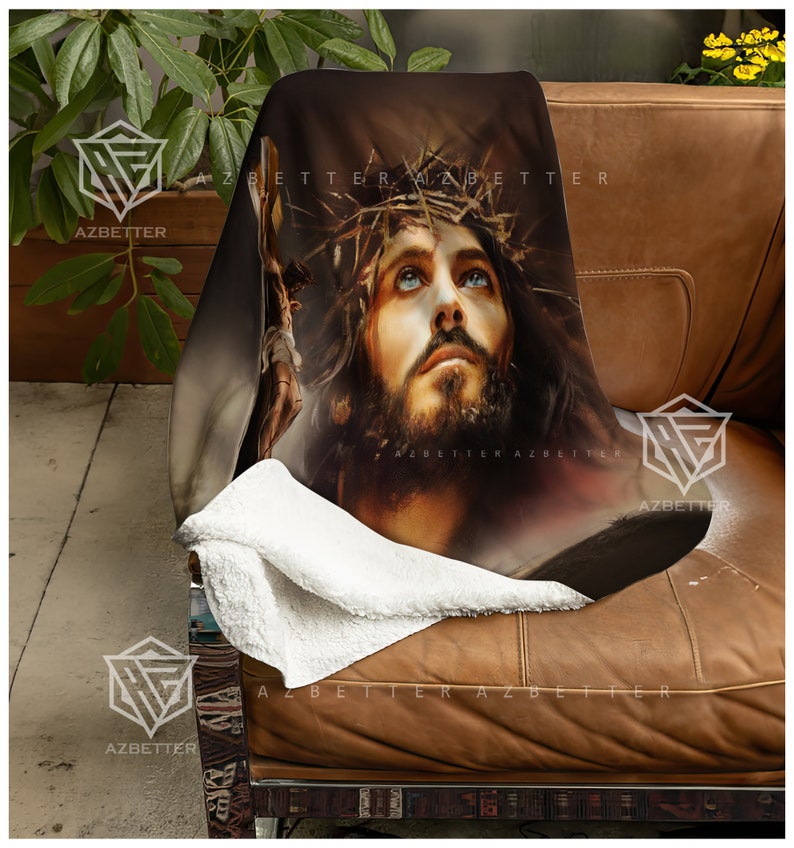 May include: A close-up of a painting of Jesus Christ with a crown of thorns on his head. The painting is in a dark, dramatic style with a focus on the face and eyes of Jesus. The painting is on a brown background.