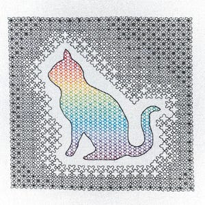 May include: A cross-stitch design featuring a rainbow-colored cat silhouette. The cat is surrounded by a black and white geometric pattern on a white background. The cat's colors transition from red to blue.