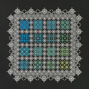May include: A square cross-stitch design on black fabric. The design features a grid of nine squares, each with a unique geometric pattern in shades of blue and green. A white, ornate border surrounds the squares.