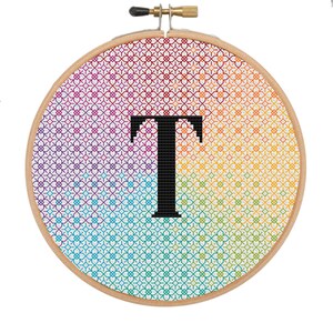 May include: A rainbow-colored embroidery hoop with a black letter T in the center. The hoop is made of wood and has a white background.
