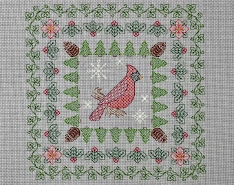 Winter Cardinal Blackwork Sampler Pattern