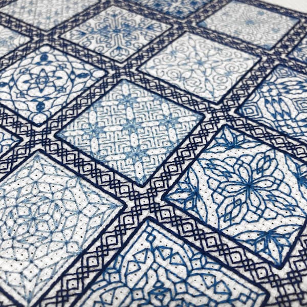 Sixteen-Block Blues Blackwork Sampler Pattern