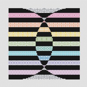 May include: A black and white geometric pattern with a rainbow of colors in the center. The pattern is made up of repeating shapes and lines.