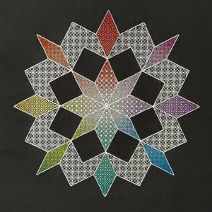 Op de afbeelding: Een symmetrisch geometrisch ontwerp op een zwarte achtergrond. Het ontwerp heeft een centrale stervorm met stralende punten, elk gevuld met een kleurengradiënt. De ster is omgeven door witte, bewerkte vormen, waardoor een kleurrijk patroon ontstaat.