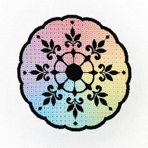 Puede incluir: Un diseño de mandala en blanco y negro con un fondo degradado arcoíris. El mandala presenta intrincados patrones florales y un círculo central.
