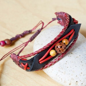 Red Moon Adjustable Leather Bracelet Men Women Wood Beads Handwoven Waxed Cord Red Brown Black Terra Natural Anniversary Gift