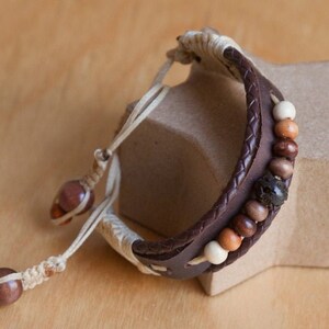 Mocha Adjustable Leather Bracelet Brown Braided Leather Waxed Cord Natural Wood Beads Men&#39;s Women&#39;s Anniversary Gift