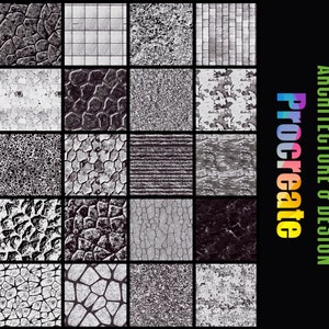 Könnte beinhalten: 25 Texturbürsten für Landschaftsarchitektur und Design, Procreate App. Schwarz-weiß-Texturen umfassen Ziegel, Stein, Holz und mehr.