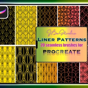 May include: A set of 20 seamless linear pattern brushes for Procreate. The brushes feature geometric designs in black and yellow, black and orange, and black and red.