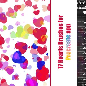 May include: 17 heart-shaped brushes for the Procreate app. The brushes are shown as a collection of colorful hearts on a white background. The brush names are listed on the right side of the image.