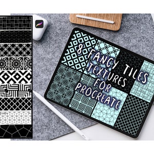 Op de afbeelding: Een digitaal tabletscherm met acht zwart-witte geometrische patronen met de tekst "8 FANCY TILES TEXTURES FOR PROCREATE".