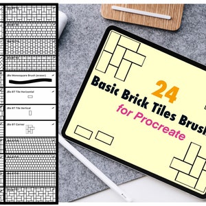 Puede incluir: La pantalla de una tableta digital muestra un conjunto de 24 pinceles básicos de baldosas de ladrillo para la aplicación Procreate. El texto "Basic Brick Tiles Brushes for Procreate" se muestra en la pantalla en texto blanco y negro. El número "24" se muestra en texto naranja. La pantalla también muestra ejemplos de los diferentes pinceles de baldosas de ladrillo.