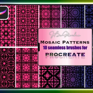May include: A digital art product display showing a Procreate app icon and mosaic pattern brushes. The patterns are in pink, purple, and blue, with black geometric designs. The text reads "Mosaic Patterns, 10 seamless brushes for Procreate."