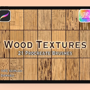 Peut inclure: Une illustration numérique d'un écran de tablette affichant une collection de 21 pinceaux Procreate présentant des textures de bois. Le texte "WOOD TEXTURES" et "21 PROCREATE BRUSHES" est affiché à l'écran. Le texte "100% SEAMLESS ZOOMABLE" est également affiché à l'écran.