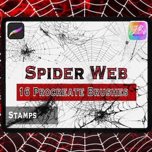 May include: Digital art product featuring a tablet screen displaying spider web designs. The text reads "SPIDER WEB 16 PROCREATE BRUSHES" in red and white. The background is a red and black spider web pattern.