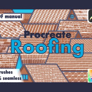 Könnte beinhalten: Eine digitale Illustration von 28 Procreate-Pinseln zum Erstellen nahtloser Dachtexturen. Das Bild zeigt eine Vielzahl von Dachstilen und -mustern in Braun und Weiß vor einem blauen Hintergrund. Der Text "Procreate Roofing" ist in blauen Buchstaben prominent dargestellt. Das Bild enthält auch den Text "28 Pinsel 100% nahtlos" und ein Logo für "JBo Brushes".