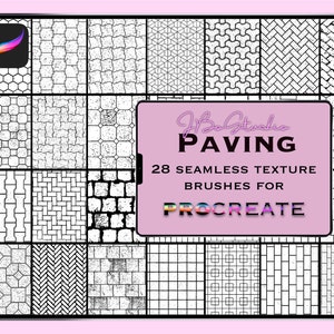 Op de afbeelding: Een set van 28 naadloze textuurpenselen voor Procreate, met verschillende bestratingspatronen. De penselen zijn zwart-wit en hebben een grunge-esthetiek.