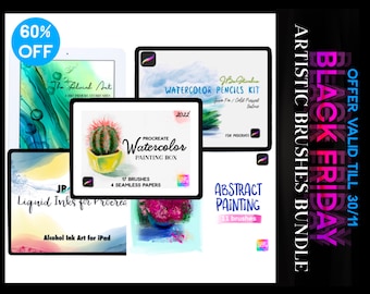 Procreate Artistic Brushes Bundle - Watercolor, Alcohol Inks, Pencils, Abstract