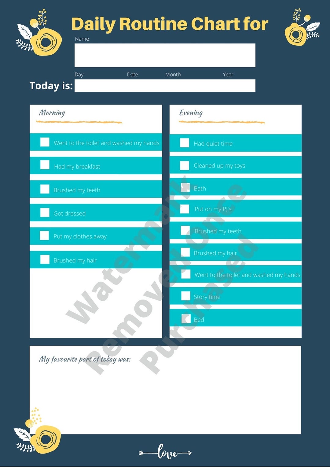 Kids Daily Routine Chart, Printable Chart, Fillable Chart, Chores Chart ...
