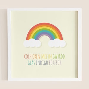 Lliwiau&#39;r Enfus - Print Babanod Cymraeg | Kleuren van de Regenboog - Welsh Nursery Print | Cardiau Cymraeg