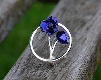 Poppy Purple Flowers Brooch, Silver Plated