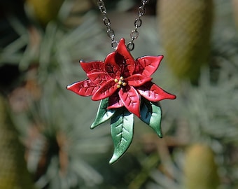 Vintage Christmas Poinsettia Necklace, Red Enamel Floral Statement