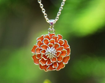 Marigold Orange Flower Pendant Necklace, Silver Tone