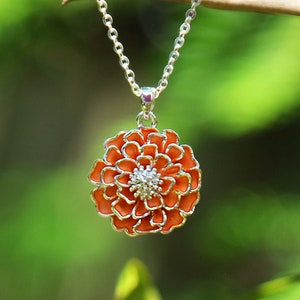 Marigold Orange Flower Pendant Necklace, Silver Tone