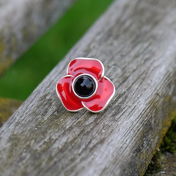 Poppy Red Silver Tone Flower Lapel Pin Brooch