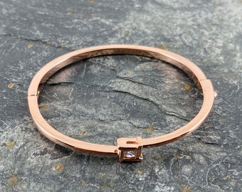 Hinged Bangle With Solitaire Crystal Rose Gold Tone In Gift Box