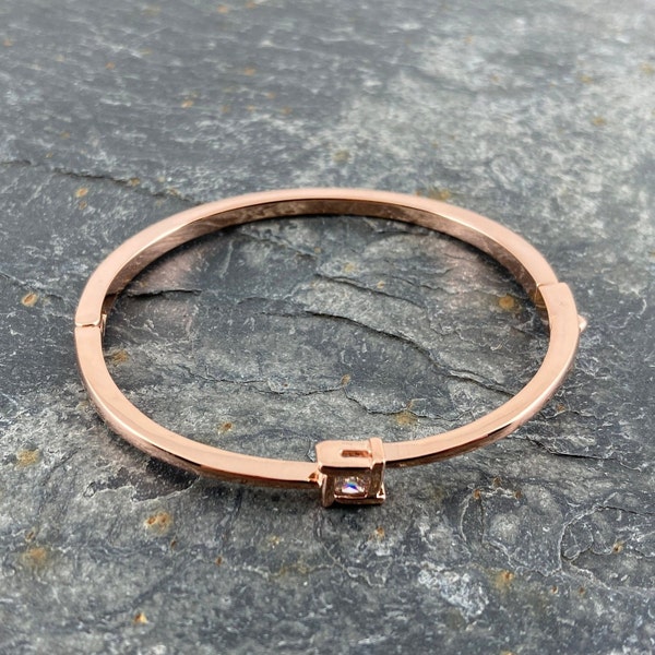 Hinged Bangle With Solitaire Crystal Rose Gold Tone In Gift Box