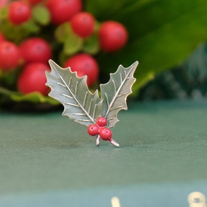 Holly With Berries Christmas Brooch