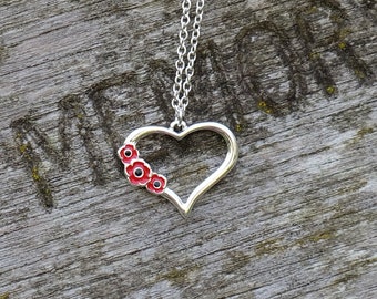 Poppy Red Flowers On Heart Pendant Necklace