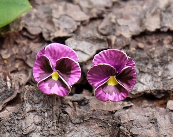 Pansy Pink Flower Stud Earrings