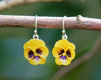 Pansy Yellow Flower Drop Earrings, Silver Plated