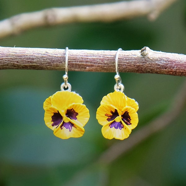 Pansy Yellow Flower Drop Earrings, Silver Plated