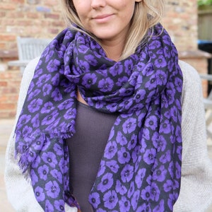 Alexander Thurlow Purple Poppy Mid Weight Scarf on Black Background worn by a model ATH419