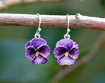 Pansy Purple Flower Drop Hook Earrings