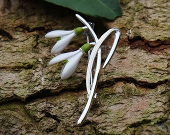 Snowdrop White Flower Brooch, Silver Tone