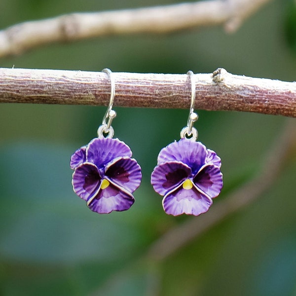 Pansy Purple Flower Drop Earrings, Silver Plated