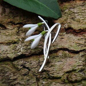 Snowdrop White Flower Brooch, Silver Tone