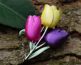 Tulip Yellow Pink and Purple Flower Brooch