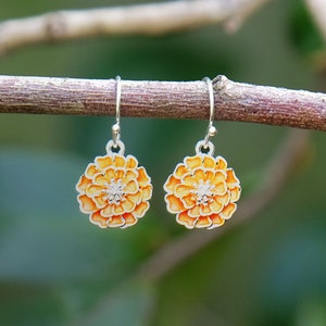 Marigold Orange Flower Drop Hook Earrings, Silver Tone