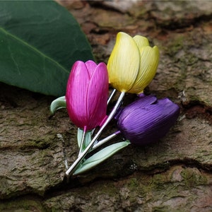 Tulip Yellow Pink and Purple Flower Brooch