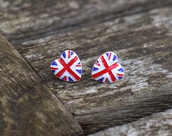 British Union Jack Red White and Blue Union Heart Stud Earrings