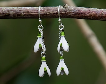 White Snowdrop January Birth Flower Earrings, Silver Plated