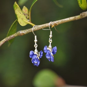 Iris Violet Blue Flower Drop Hook Earrings, Silver Tone