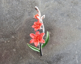 Ixia Rote Blumen Brosche, Silber Ton