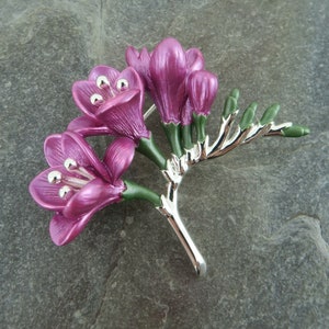 Freesia Pink Flowers Brooch, Silver Plated